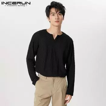 INCERUN Осенние пуловеры, мужские текстурированные топы с v-образным вырезом и длинными рукавами, большие размеры