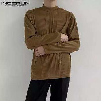 INCERUN осенние тонкие мужские модные легко подходящие рубашки свободные однотонные свободные топы с круглым вырезом и длинными рукавами в стиле ретро для отдыха плюс размер