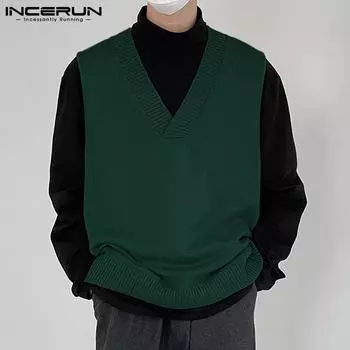 INCERUN Осенний модный мужской свитер, жилет из термоткани, приталенный крой с v-образным вырезом, однотонный майка, повседневные свободные топы, жилетки больших размеров