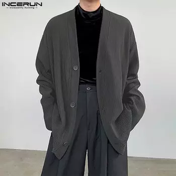 INCERUN Осенний мужской трикотажный свободный кардиган с V-образным вырезом и длинным рукавом на пуговицах 4XL чёрный