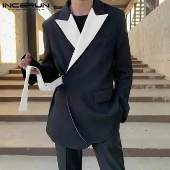 INCERUN осенняя мода мужская лоскутная куртка в корейском стиле офисный костюм блейзер вечерние необычные официальные пальто с длинными рукавами