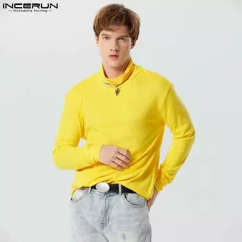 INCERUN Осенняя мужская однотонная повседневная тонкая блузка с длинными рукавами и высоким воротником
