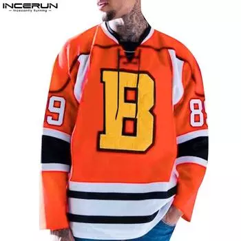 INCERUN Oversized Men Lace Up Neck Long Sleeve Stitching Letter Print T-shirts Tops S красный