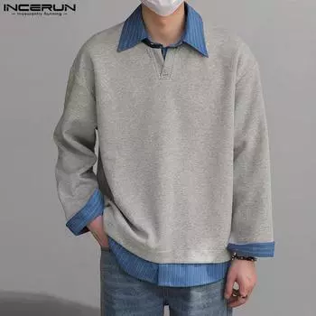 INCERUN Oversized Men Lapel Neck Long Sleeve Striped Stitching T-shirts Casual Tops 4XL чёрный