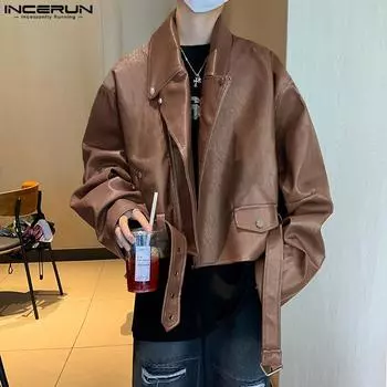 INCERUN Oversized Men Lapel Neck Long Sleeve Side Zipper Leather PU Coats Vintage Jackets S коричневый