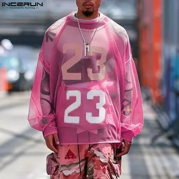 INCERUN Oversized Men Long Sleeve Mesh Sheer T-shirts Letter Print Fishnet Tops S розовый