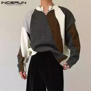INCERUN Oversized Men Long Sleeve Stitching Casual Tops T-shirts L чёрный