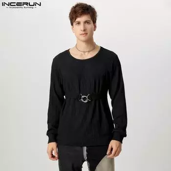 INCERUN Oversized Men Round Neck Long Sleeve Texture T-shirts Casual Tops S чёрный