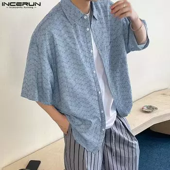 INCERUN Oversized Men Summer Lapel Neck Short Sleeve Buttons Print Casual Loose Shirts S чёрный