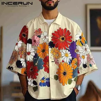 INCERUN Oversized Men Turn Down Collar Casual 3/4 Sleeve Buttons Floral Print Holiday Shirts Tops 3XL чёрный