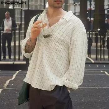 INCERUN Oversized Spring Shirts Men Lapel Neck Long Sleeve Buttons Casual Plaid Tops 4XL белый