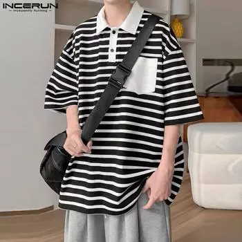 INCERUN Oversized Summer Men Half Sleeve Patchwork Striped Casual Loose T-shirts L чёрный