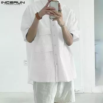 INCERUN Oversized Summer Men Lapel Neck Short Sleeve Texture Casual Shirts S белый