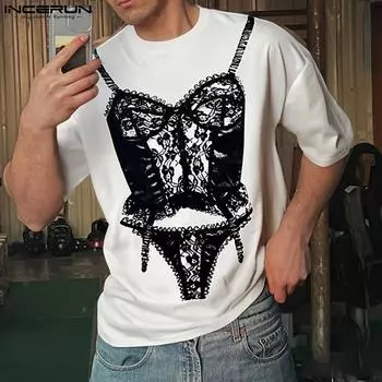 INCERUN Oversized Summer Men O Neck Short Sleeve Fun Prints Casual T-shirts Tee S белый