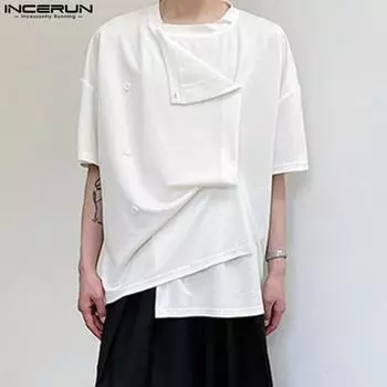 INCERUN Oversized Summer Men Square Collar Short Sleeve Adjustable Buttons Casual Loose Tops T-shirts S чёрный