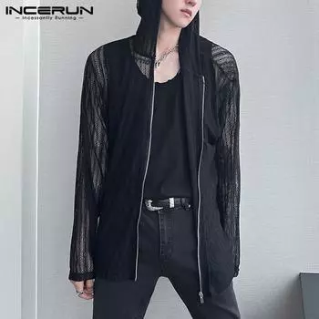 INCERUN плюс размер Мужская кружевная куртка с длинным рукавом и полым капюшоном, солнцезащитная куртка на молнии