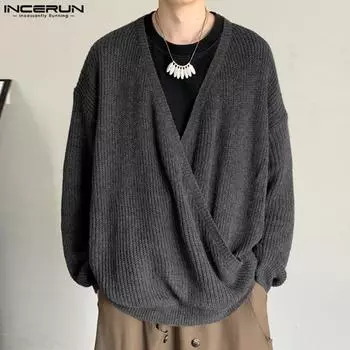 INCERUN Плюс Размер Мужские V-образный вырез спереди крест-накрест с длинным рукавом трикотажные пуловеры свитера 5XL хаки
