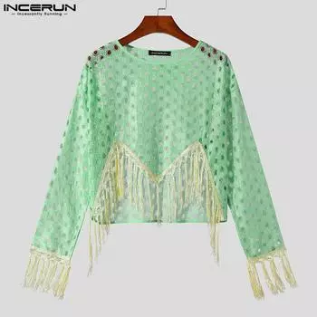 INCERUN полые мужские повседневные топы в стиле хиппи с длинными рукавами и кисточками