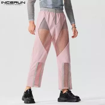 INCERUN полые мужские сетчатые прямые свободные длинные брюки