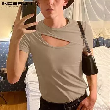 INCERUN полые топы мужские летние с короткими рукавами однотонные тонкие