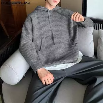 INCERUN pring Мужские свободные свитера с длинным рукавом и капюшоном в полоску L