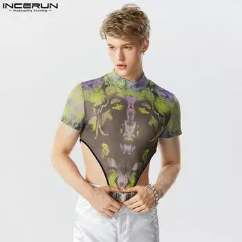 INCERUN принт мужские сексуальные топы с открытой спиной и короткими рукавами