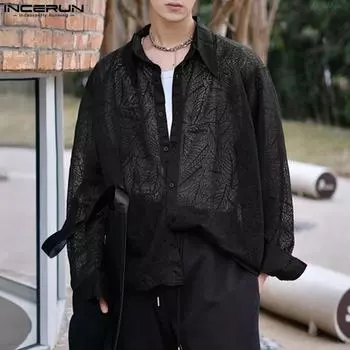 INCERUN прозрачные мужские повседневные свободные рубашки с длинными рукавами