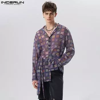 INCERUN Прозрачные мужские рубашки с длинными рукавами и принтом на шнуровке