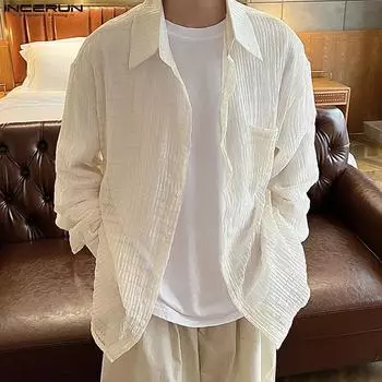 INCERUN прозрачные мужские весенние повседневные свободные рубашки с длинными рукавами