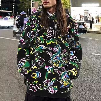 INCERUN Retro Men Long Sleeve Hooded Pullovers Floral Print Casual Sweatshirts S чёрный
