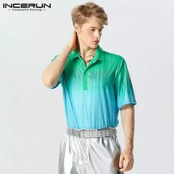 INCERUN рубашки с воротником с градиентным принтом мужские поло летние топы для отдыха