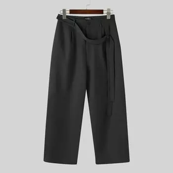 INCERUN S-5XL High Waist Belt Lace Up Pants Casual Long Straight Trousers 4XL