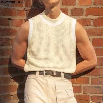 INCERUN S-5XL Летние мужские сшитые цветные облегающие вязаные жилеты с круглым вырезом Повседневные майки