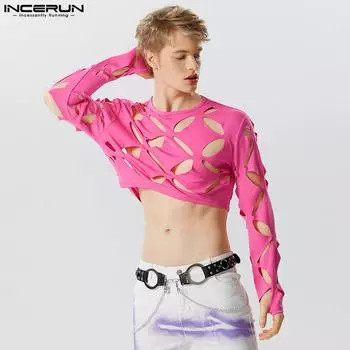 INCERUN S-5XL Мужская футболка с длинным рукавом и вырезом, укороченный топ