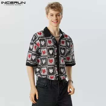 INCERUN S-5XL Мужская модная рубашка с коротким рукавом и кружевным принтом