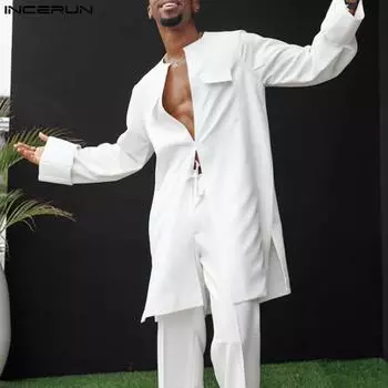 INCERUN S-5XL мужские однотонные мусульманские костюмы с длинным рукавом, белые традиционные костюмы из двух предметов