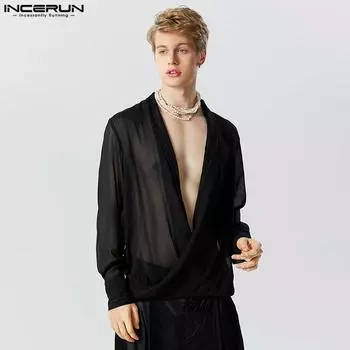 INCERUN S-5XL Мужские прозрачные черные рубашки с длинным рукавом, удобные топы