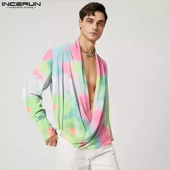 INCERUN S-5XL Мужские рубашки с длинным рукавом и принтом тай-дай, повседневные топы с откидным воротником