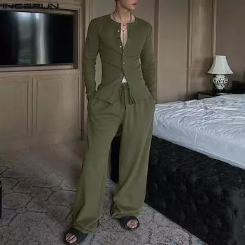 INCERUN S-5XL мужские удобные рубашки на пуговицах с длинными рукавами, длинные брюки с эластичной резинкой на талии, костюмы для домашней одежды