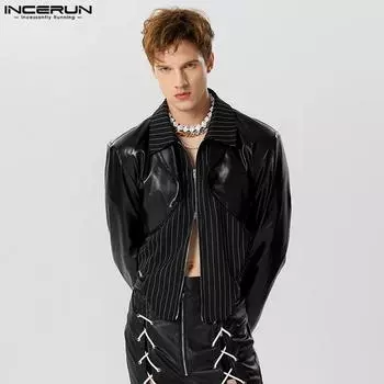 INCERUN S-5XL Мужской модный кожаный пиджак с длинными рукавами и лацканами, крутой пиджак из искусственной кожи