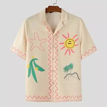 INCERUN S-XXXXXL Мужские рубашки с лацканами, с коротким рукавом, с мультяшным принтом, повседневные, свободного кроя M