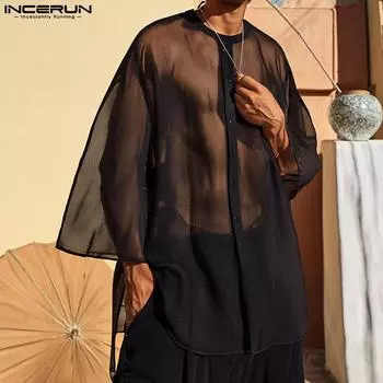 INCERUN S-XXXXXL Мужские рубашки с рукавом 3/4 из прозрачной сетки S