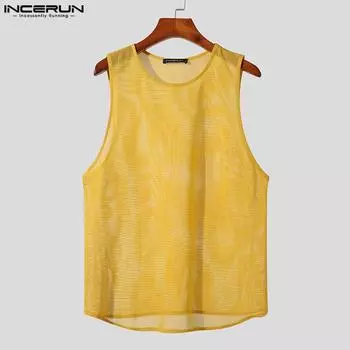 INCERUN сетчатые мужские прозрачные топы без рукавов для вечеринки, домашняя одежда