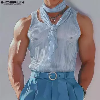 INCERUN сексуальный мужской сетчатый жилет без рукавов с завязками на шее, прозрачные майки 4XL розовый