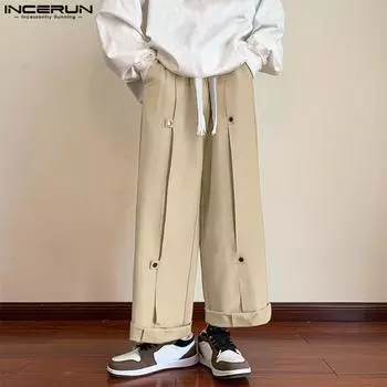 INCERUN Широкие брюки-карго с эластичной резинкой на талии и шнурком, длинные брюки