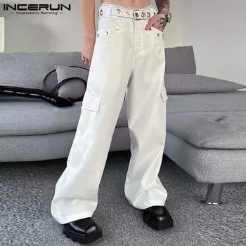 INCERUN Широкие свободные мужские прямые повседневные длинные брюки-карго