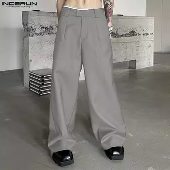 INCERUN Широкие свободные мужские прямые повседневные длинные брюки