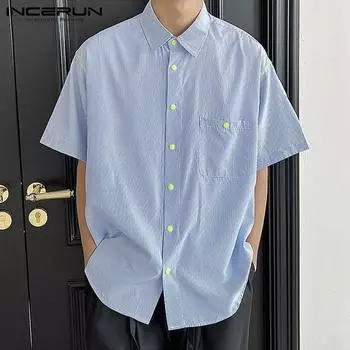 INCERUN синие летние мужские рубашки с короткими рукавами, клетчатые топы