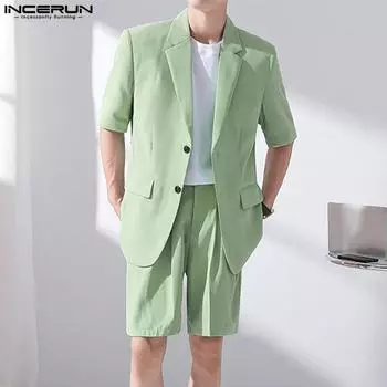 INCERUN, состоящий из двух частей, мужская легкая куртка с короткими рукавами, пиджак + шорты, однотонные повседневные/офисные костюмы