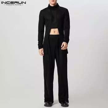 INCERUN Spring Men Clothes Set Long Sleeves Irregular Tops Long Pant 2PCS Glitter Suit M красный
